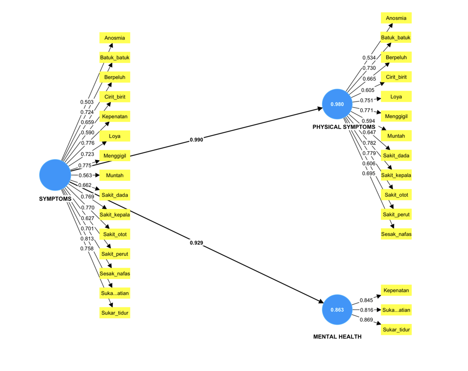 Confirmatory factor analysis model using partial least square-structural equation modelling (PLSSEM) approach for the CO-19_QoL Questionnaire